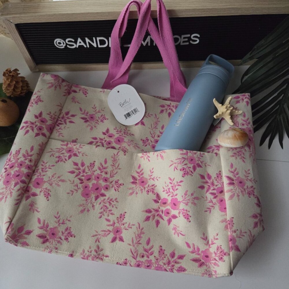 Beth Schneider 2 pocket Canvas Style tote bag w/pink straps NWT